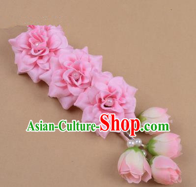 Chinese Ancient Peking Opera Pink Flowers Hair Accessories, Traditional Chinese Beijing Opera Props Head Ornaments Hua Tan Flocking Headwear Hairpins