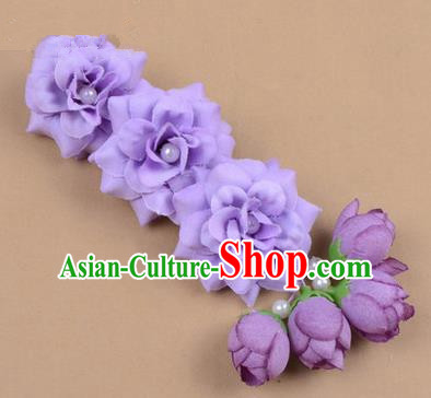 Chinese Ancient Peking Opera Purple Flowers Hair Accessories, Traditional Chinese Beijing Opera Props Head Ornaments Hua Tan Flocking Headwear Hairpins