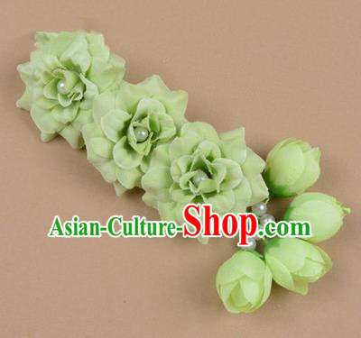 Chinese Ancient Peking Opera Green Flowers Hair Accessories, Traditional Chinese Beijing Opera Props Head Ornaments Hua Tan Flocking Headwear Hairpins