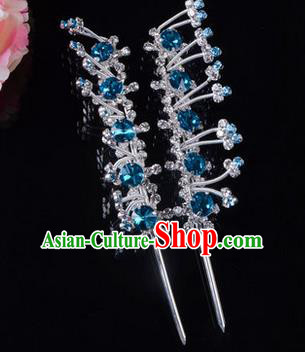 Chinese Ancient Peking Opera Pink Flowers Hair Accessories Young Lady Headwear, Traditional Chinese Beijing Opera Head Ornaments Hua Tan Blue Crystal Hairpins