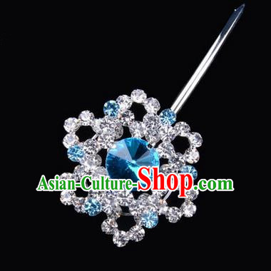 Chinese Ancient Peking Opera Pink Flowers Hair Accessories Headwear, Traditional Chinese Beijing Opera Head Ornaments Hua Tan Colorful Blue Hexagonal Crystal Bulb Hairpins