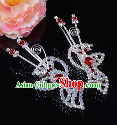 Chinese Ancient Peking Opera Hair Accessories Young Lady Headwear, Traditional Chinese Beijing Opera Head Ornaments Hua Tan Butterfly Red Crystal Hairpins