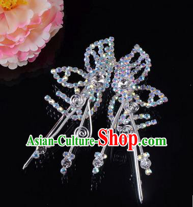 Chinese Ancient Peking Opera Hair Accessories Young Lady Headwear, Traditional Chinese Beijing Opera Head Ornaments Hua Tan Butterfly White Crystal Hairpins