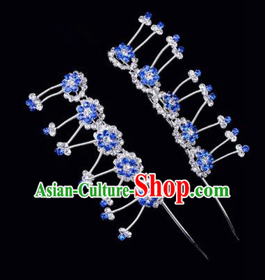 Chinese Ancient Peking Opera Hair Accessories Young Lady Headwear, Traditional Chinese Beijing Opera Head Ornaments Hua Tan Plum Blossom Blue Crystal Hairpins