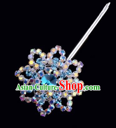 Chinese Ancient Peking Opera Pink Flowers Hair Accessories Headwear, Traditional Chinese Beijing Opera Head Ornaments Hua Tan Colorful Blue Hexagonal Crystal Bulb Hairpins