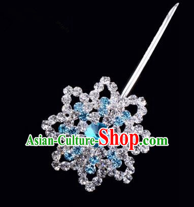 Chinese Ancient Peking Opera Pink Flowers Hair Accessories Headwear, Traditional Chinese Beijing Opera Head Ornaments Hua Tan Colorful Blue Octagon Crystal Bulb Hairpins