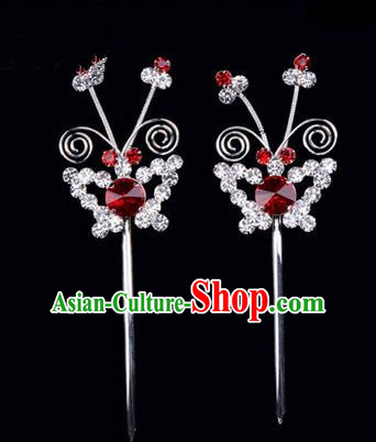 Chinese Ancient Peking Opera Pink Flowers Hair Accessories Headwear, Traditional Chinese Beijing Opera Head Ornaments Hua Tan Red Butterfly Crystal Hairpins