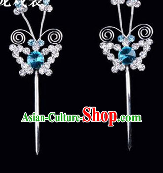 Chinese Ancient Peking Opera Pink Flowers Hair Accessories Headwear, Traditional Chinese Beijing Opera Head Ornaments Hua Tan Blue Butterfly Crystal Hairpins