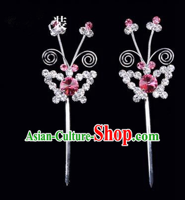 Chinese Ancient Peking Opera Pink Flowers Hair Accessories Headwear, Traditional Chinese Beijing Opera Head Ornaments Hua Tan Pink Butterfly Crystal Hairpins