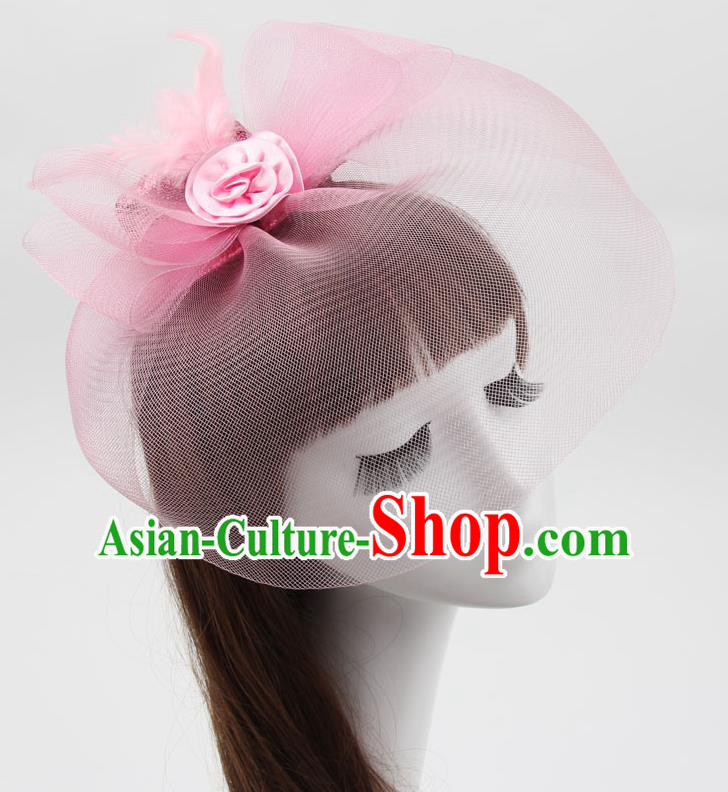 Top Modern Dance Hair Accessories, Female Pink Veil Top Hat Ornament Headband for Women