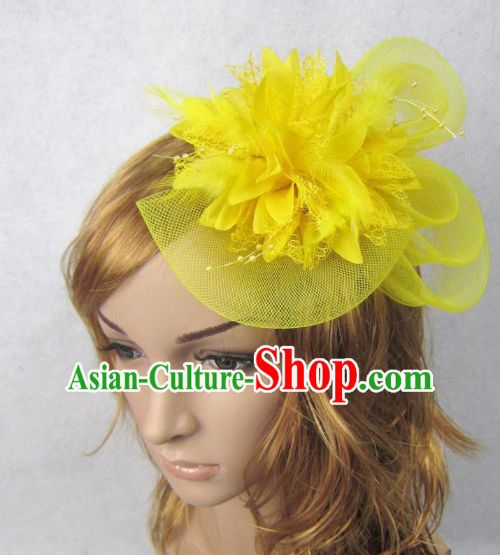 Top Modern Dance Hair Accessories Hair Clasp, Female Yellow Flower Veil Top Hat Ornament Headband for Women