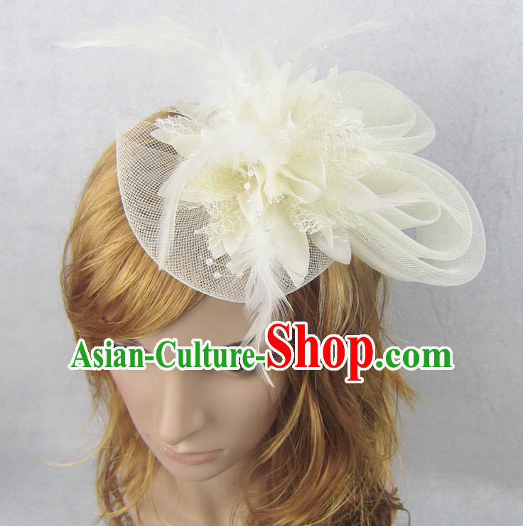 Top Modern Dance Hair Accessories Hair Clasp, Female Beige Flower Veil Top Hat Ornament Headband for Women