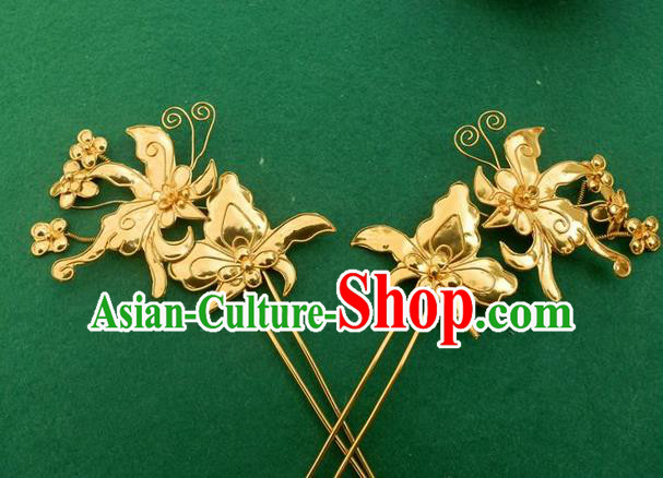 Traditional Chinese Ancient Classical Handmade Love of Butterfly Hairpin Jewelry Accessories Hanfu Palace Golden Combs and Sticks for Women