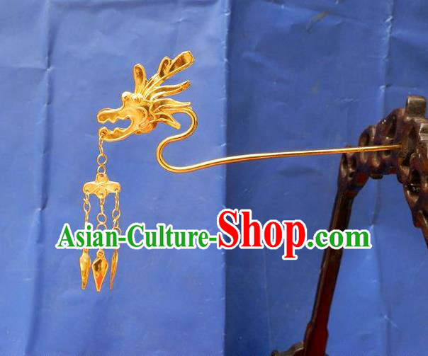 Traditional Chinese Ancient Classical Handmade Dragon Head Tassel Golden Hairpin Jewelry Accessories Hanfu Classical Palace Combs and Sticks for Women