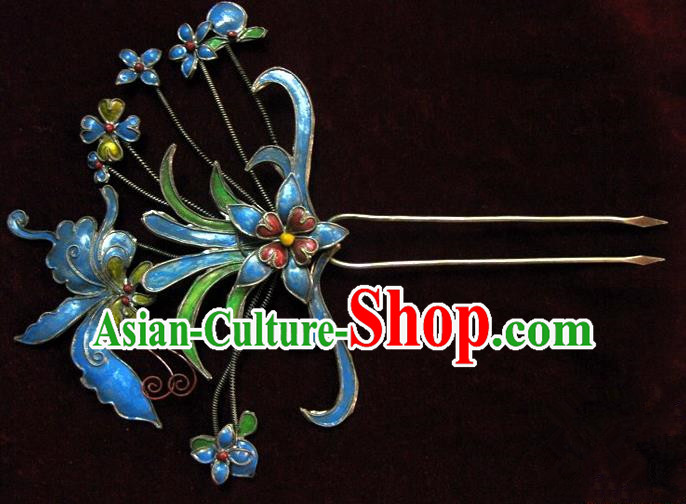 Traditional Handmade Chinese Ancient Classical Hair Accessories Barrettes, Palace Lady Blueing Flower Hairpin Step Shake Hair Sticks for Women