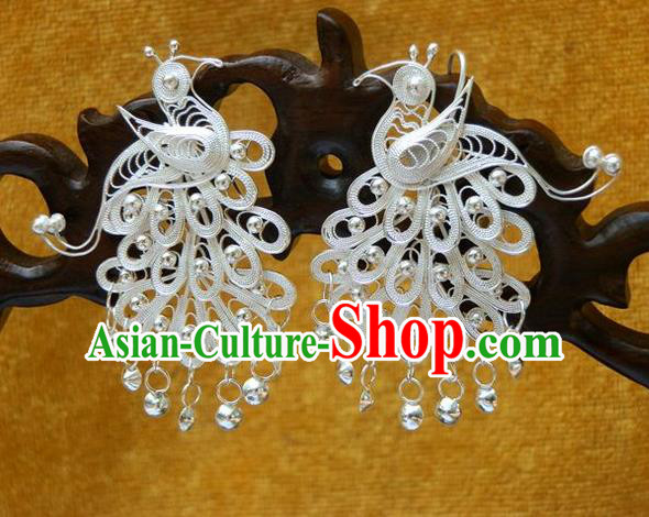 Traditional Handmade Chinese Ancient Classical Earrings Accessories Pure Sliver Tassel Peacock Eardrop for Women