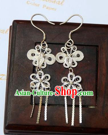 Traditional Handmade Chinese Ancient Classical Earrings Accessories Pure Sliver Tassel Flowers Eardrop for Women