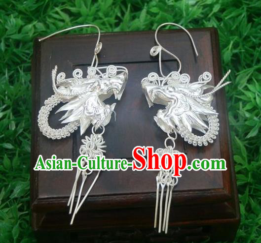 Traditional Handmade Chinese Miao Nationality Ancient Classical Dragon Head Earrings Accessories Pure Sliver Eardrop for Women
