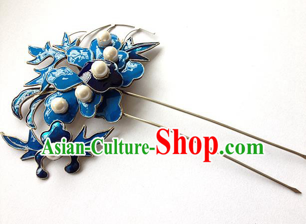Traditional Handmade Chinese Ancient Classical Hair Jewelry Accessories, China Hanfu Hairfork Hairpins Imperial Princess Blueing Barrettes Hair Stick for Women