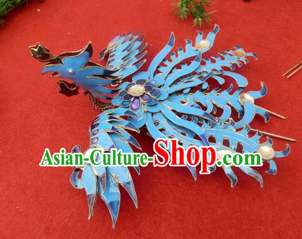 Traditional Handmade Chinese Ancient Classical Hair Accessories Headwear Barrettes Hanfu Hairpins, Ming Dynasty Imperial Blueing Phoenix Crown Step Shake Hair Clasps Hair Jewellery for Women