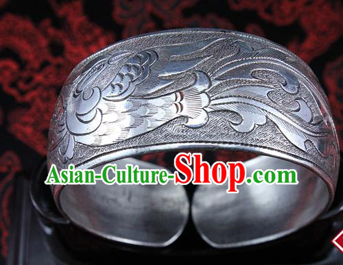 Traditional Chinese Miao Nationality Accessories Bracelet, Hmong Female Ethnic Pure Sliver Phoenix Bangle for Women