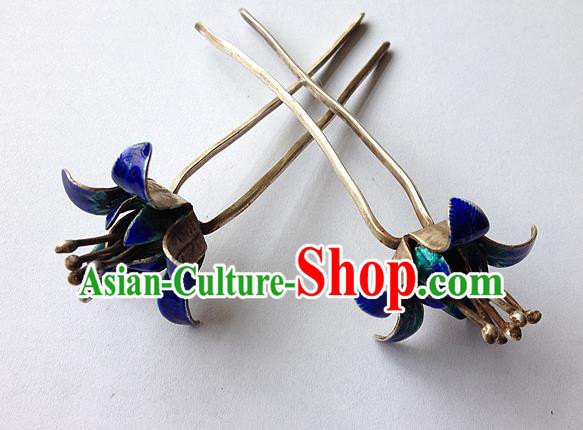 Traditional Handmade Chinese Ancient Classical Hair Accessories Barrettes, Bride Wedding Step Shake Hair Sticks Blueing Hairpins for Women