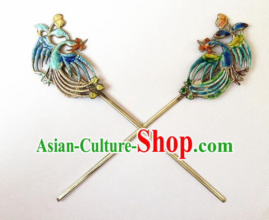 Traditional Handmade Chinese Ancient Classical Hair Jewellery Accessories Barrettes, Blueing Peacock Step Shake Hair Sticks Hairpins for Women