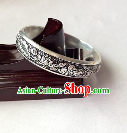 Traditional Chinese Miao Nationality Accessories Bracelet, Hmong Female Ethnic Pure Sliver Lotus Bangle for Women