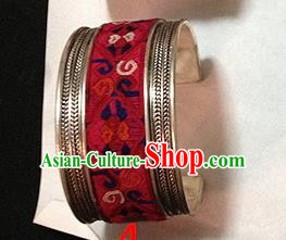 Traditional Chinese Miao Nationality Accessories Bracelet, Hmong Female Ethnic Pure Sliver Embroidery Bangle for Women