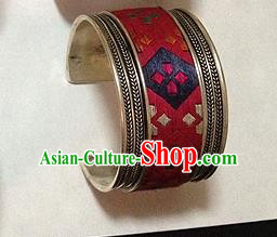 Traditional Chinese Miao Nationality Accessories Bracelet, Hmong Female Ethnic Pure Sliver Embroidery Bangle for Women