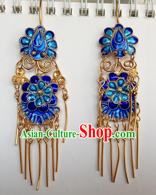 Traditional Handmade Chinese Ancient Classical Jewellery Accessories Blueing Earrings, Ming Dynasty Wedding Gilding Tassel Eardrop for Women