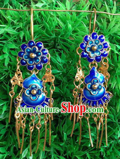 Traditional Handmade Chinese Ancient Classical Jewellery Accessories Blueing Earrings, Ming Dynasty Wedding Gilding Tassel Eardrop for Women