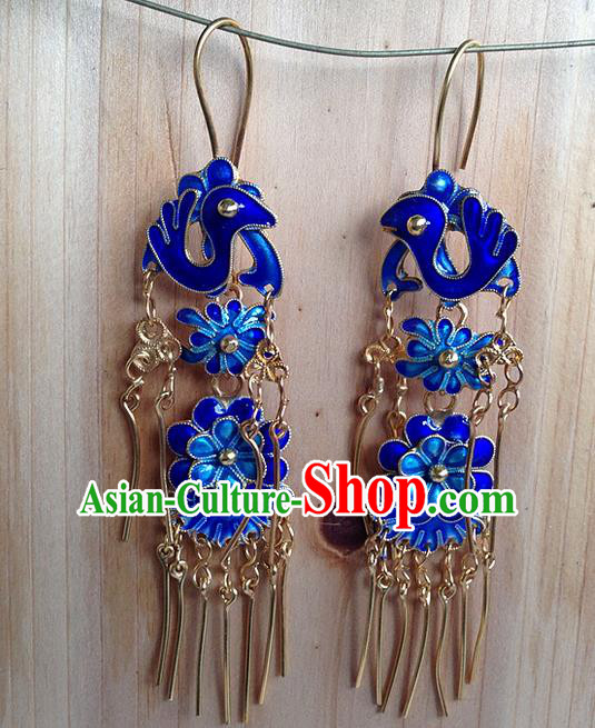 Traditional Handmade Chinese Ancient Classical Jewellery Accessories Blueing Earrings, Ming Dynasty Wedding Gilding Tassel Eardrop for Women