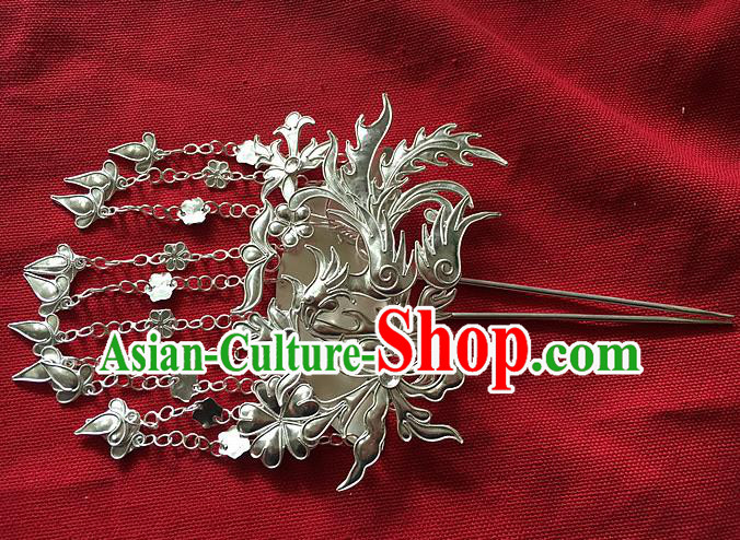 Traditional Handmade Chinese Ancient Classical Hair Accessories Barrettes Phoenix Hairpin, Pure Sliver Step Shake Long Tassel Hair Sticks for Women