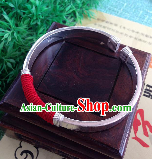 Traditional Chinese Miao Nationality Accessories Bracelet, Hmong Female Ethnic Pure Sliver Phoenix Bangle for Women