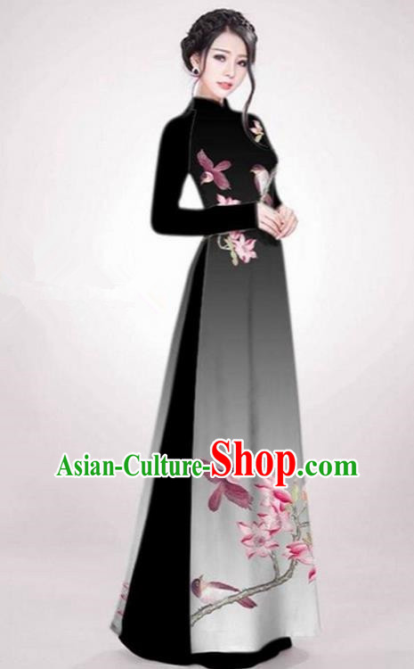 Top Grade Asian Vietnamese Traditional Dress, Vietnam Ao Dai Dress Black Cheongsam Clothing for Women