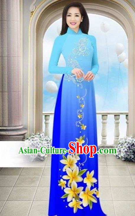 Top Grade Asian Vietnamese Traditional Dress, Vietnam Bride Ao Dai Dress Wedding Blue Printing Cheongsam Clothing for Women