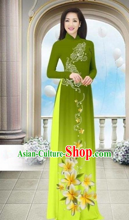 Top Grade Asian Vietnamese Traditional Dress, Vietnam Bride Ao Dai Dress Wedding Fluorescence Green Printing Cheongsam Clothing for Women