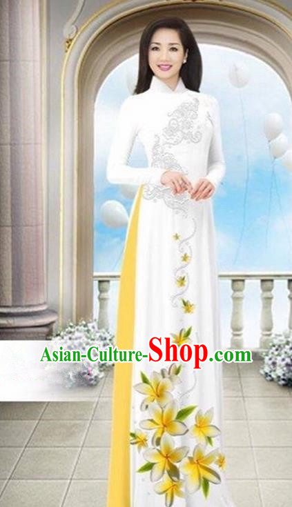 Top Grade Asian Vietnamese Traditional Dress, Vietnam Bride Ao Dai Dress Wedding White Printing Cheongsam Clothing for Women