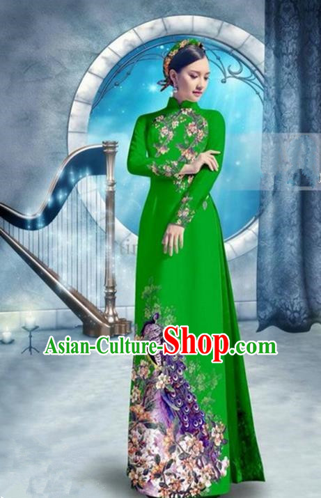 Top Grade Asian Vietnamese Traditional Dress, Vietnam Bride Ao Dai Dress, Princess Wedding Printing Peacock Green Cheongsam Clothing for Women