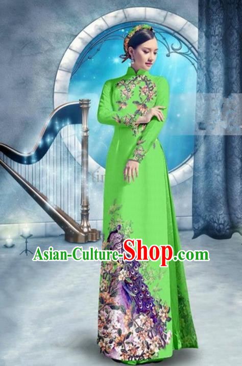 Top Grade Asian Vietnamese Traditional Dress, Vietnam Bride Ao Dai Dress, Princess Wedding Printing Peacock Fluorescent Green Cheongsam Clothing for Women