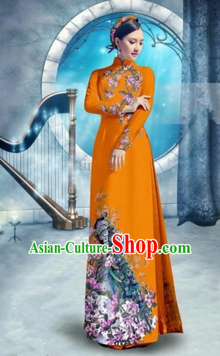 Top Grade Asian Vietnamese Traditional Dress, Vietnam Bride Ao Dai Dress, Princess Wedding Printing Peacock Orange Cheongsam Clothing for Women