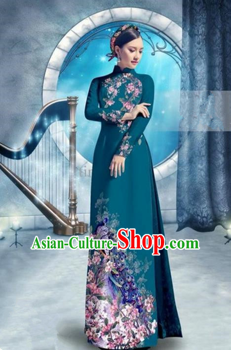 Top Grade Asian Vietnamese Traditional Dress, Vietnam Bride Ao Dai Dress, Princess Wedding Printing Peacock Blackish Green Cheongsam Clothing for Women