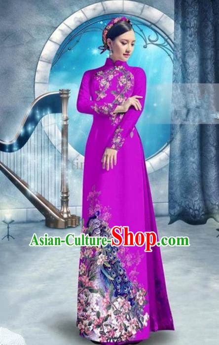 Top Grade Asian Vietnamese Traditional Dress, Vietnam Bride Ao Dai Dress, Princess Wedding Printing Peacock Rose Cheongsam Clothing for Women