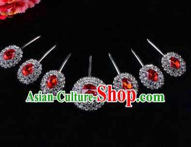 Chinese Ancient Peking Opera Hair Accessories Young Lady Seven stars Headwear, Traditional Chinese Beijing Opera Head Ornaments Hua Tan Red Crystal Hairpins