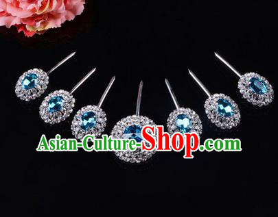 Chinese Ancient Peking Opera Hair Accessories Young Lady Seven stars Headwear, Traditional Chinese Beijing Opera Head Ornaments Hua Tan Blue Crystal Hairpins