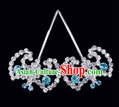 Chinese Ancient Peking Opera Hair Accessories Young Lady Bat Headwear, Traditional Chinese Beijing Opera Head Ornaments Hua Tan Blue Crystal Hairpins