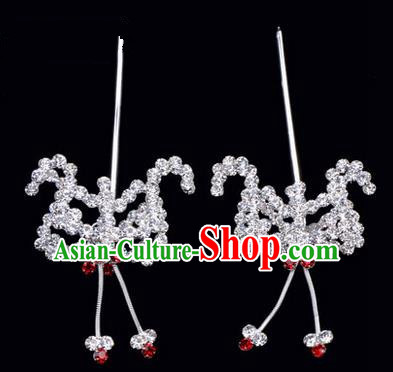 Chinese Ancient Peking Opera Hair Accessories Young Lady Headwear, Traditional Chinese Beijing Opera Head Ornaments Hua Tan Red Crystal Bat Hairpins