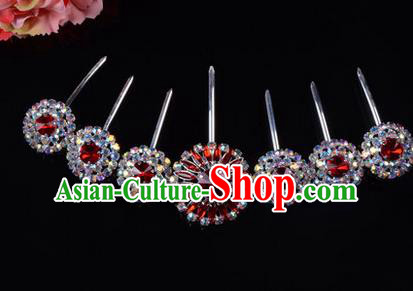 Chinese Ancient Peking Opera Hair Accessories Young Lady Headwear, Traditional Chinese Beijing Opera Head Ornaments Hua Tan Red Crystal Hairpins Complete Set