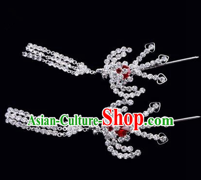 Chinese Ancient Peking Opera Hair Accessories Young Lady Headwear, Traditional Chinese Beijing Opera Head Ornaments Hua Tan Red Crystal Phoenix Hairpins